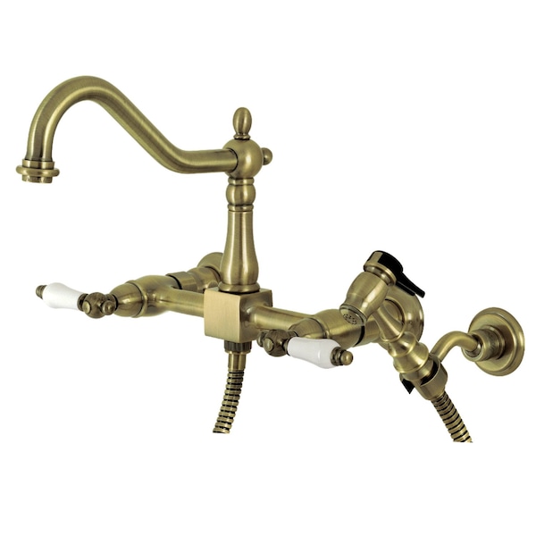 Heritage 2-Handle Wall Mnt Bridge Kitchen Faucet W/Brass Sprayer, Brass